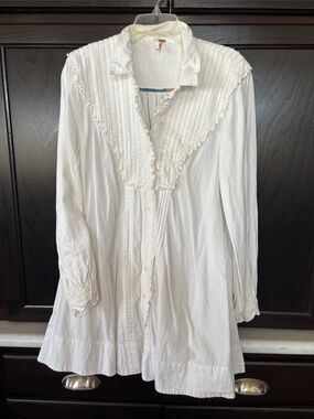 Free People White Long Sleeve Ruffle Button-Up Dress